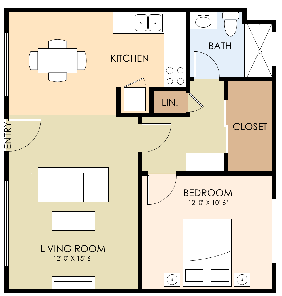 Floor plan for 1 bed, 1 bath, 659 sqft